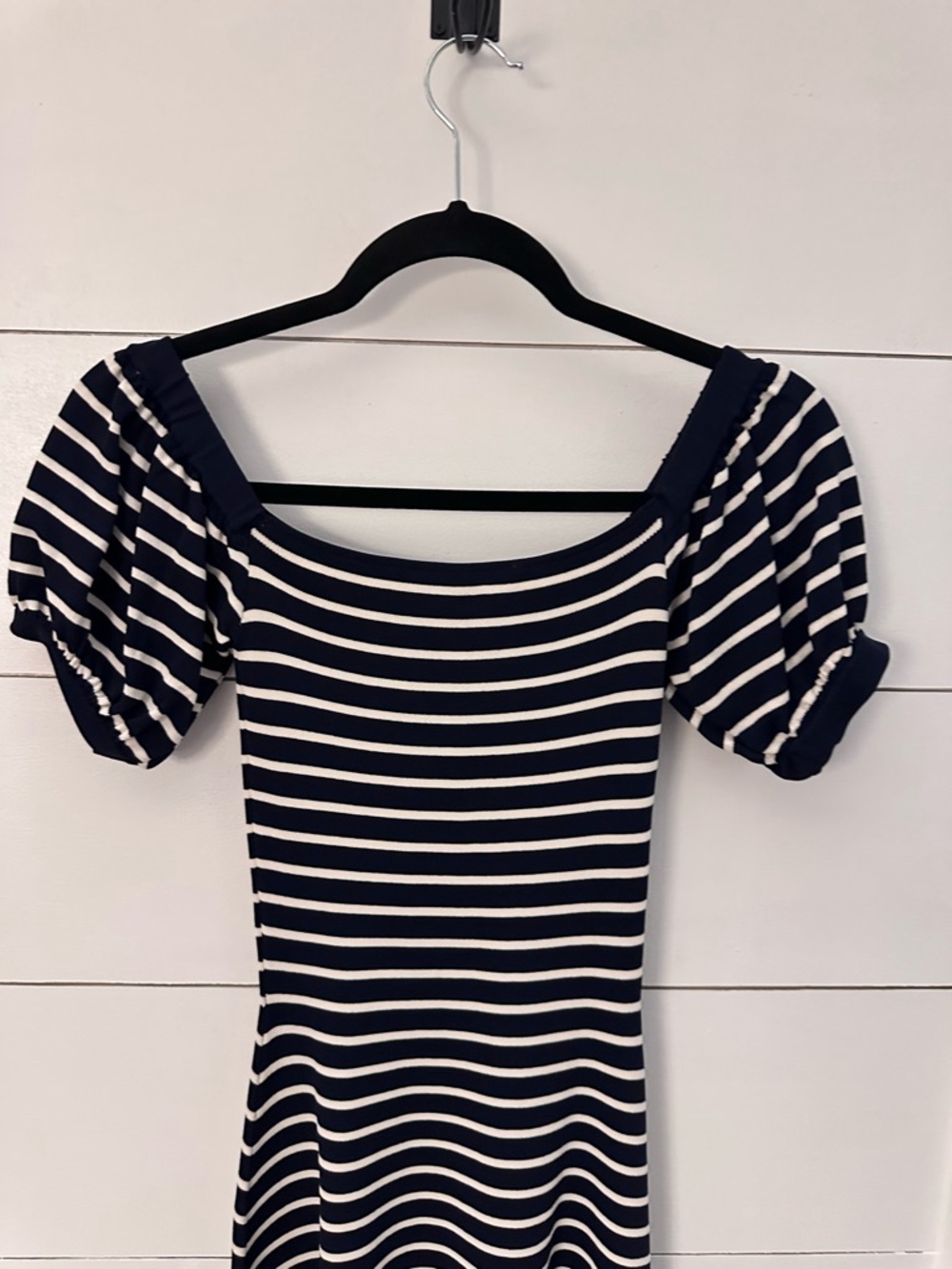 Zara S Junior puff off the shoulder sleeve navy-white stripe stretch midi dress - Picture 8 of 11
